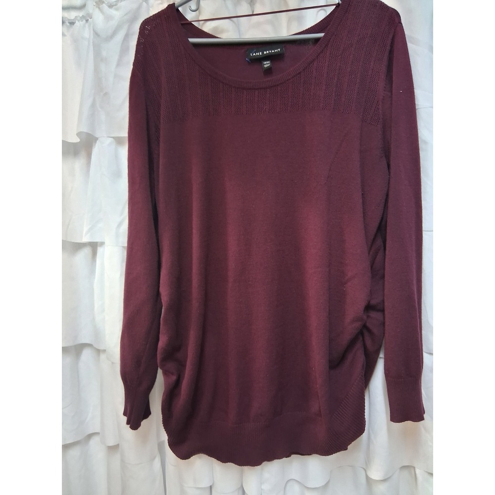 Lane Bryant Burgundy Pointelle Yoke Ruched Sweater Womens 18/20 Wine Red 1621